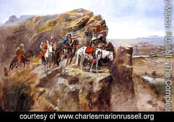 Charles Marion Russell - Indians on a Bluff Surveying General Miles' Troops