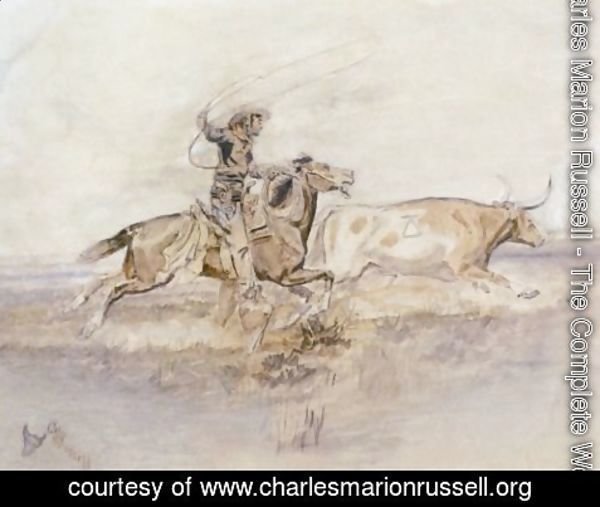 Charles Marion Russell - Cowboy Lassoing A Steer