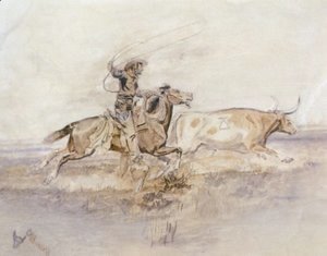 Charles Marion Russell - Cowboy Lassoing A Steer