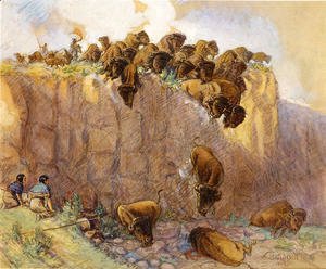 Charles Marion Russell - Driving Buffalo Over the Cliff