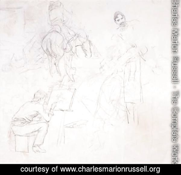 Charles Marion Russell - Charlie Painting in His Cabin (various sketches)